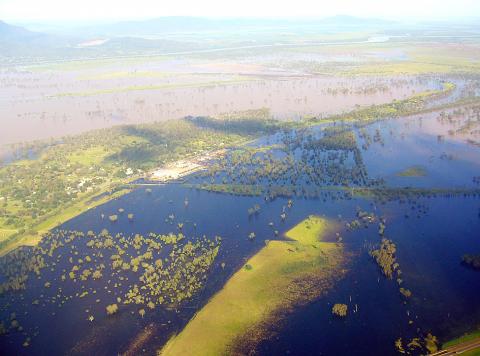 An aerial view shows flooding in Rockhampton, Queensland, Australia, on Dec.