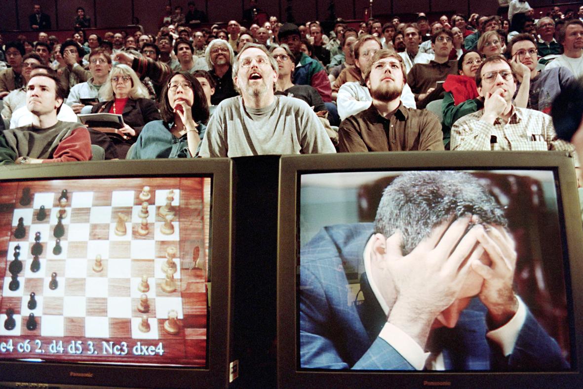 World chess champion Garry Kasparov ponders his next move against IBM's  chess playing computer, Deep Blue, during the third game of their six game  rematch, Tuesday, May 6, 1997, in New York. (